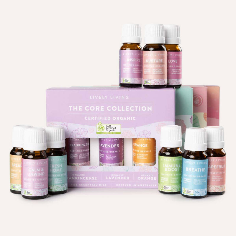 Lively Living essential oil set with various bottles and a box on a white background