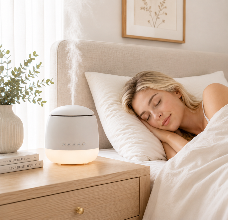 Woman sleeping in bed with a diffuser on the nightstand