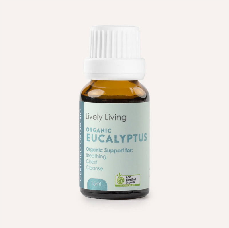 Bottle of Lively Living Organic Eucalyptus oil on a white background