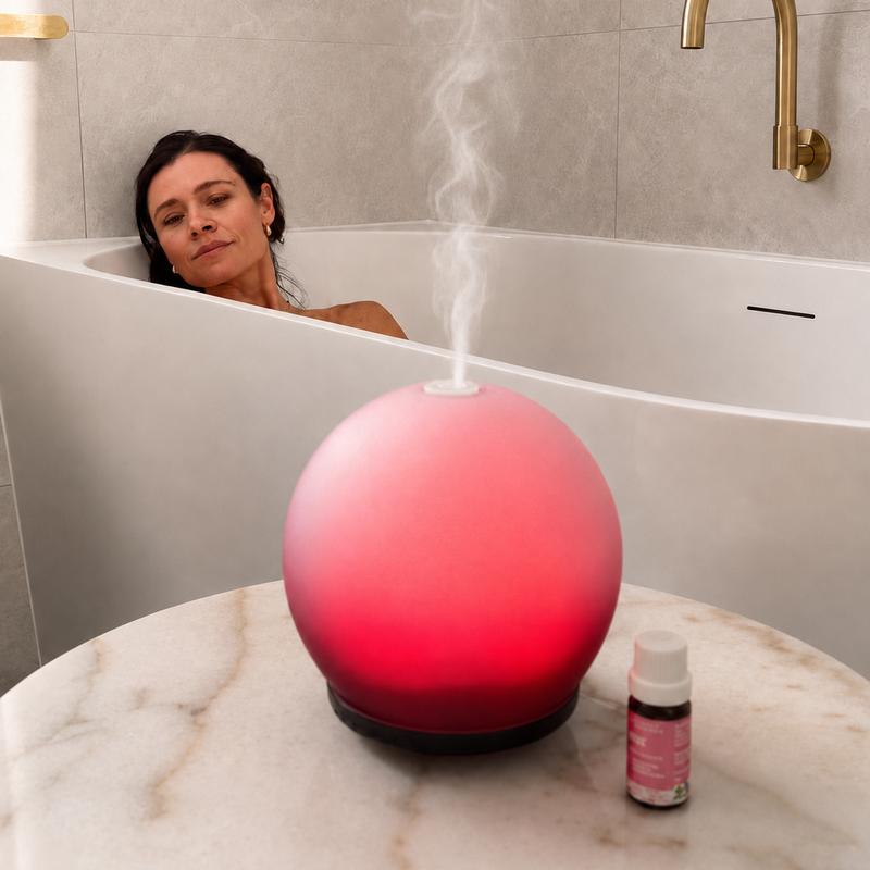 A spherical pink and red diffuser emitting white mist sits on a marble-topped table beside a small bottle, with a woman relaxing in a bathtub in the background.