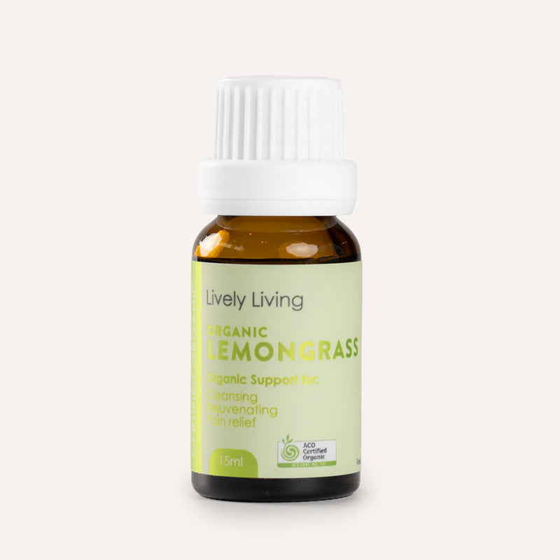 Bottle of Lively Living organic lemongrass essential oil on a white background