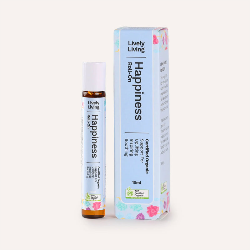 Lively Living Happiness roll-on bottle and packaging on a white background