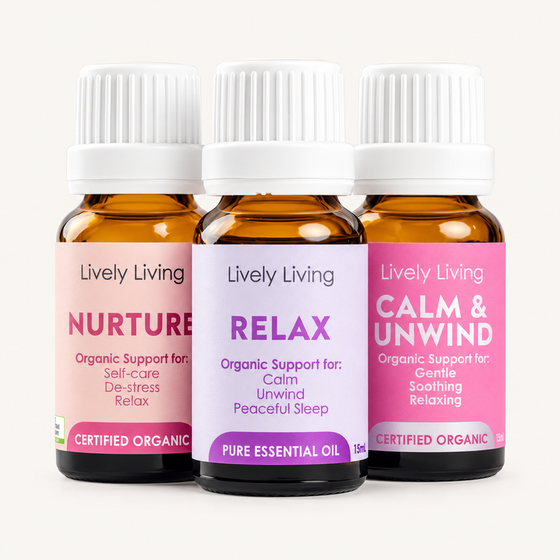 Lively Living Nurture, Relax and Calm & Unwind essential oils in 15ml amber bottles, front view on a white background