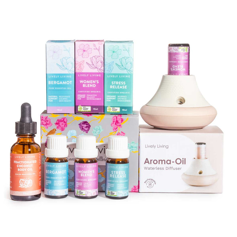 Lively Living essential oil bottles and diffuser on a white background