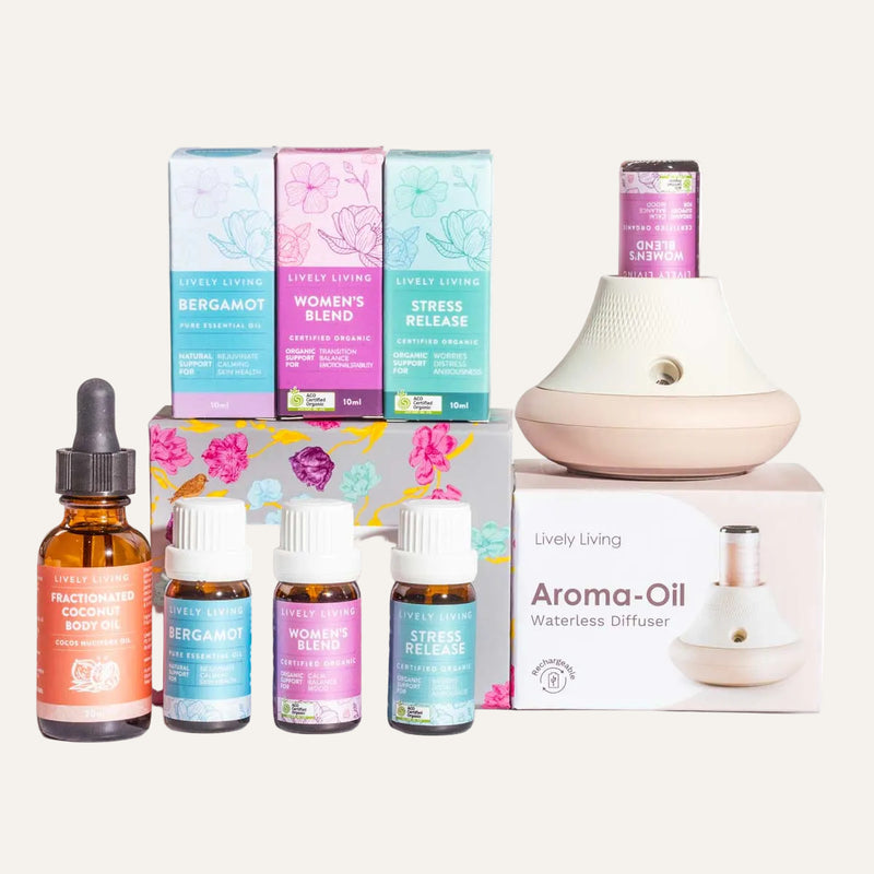 Lively Living essential oil bottles and diffuser on a white background