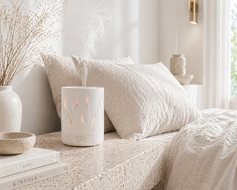 White diffuser on a bed with pillows and decor