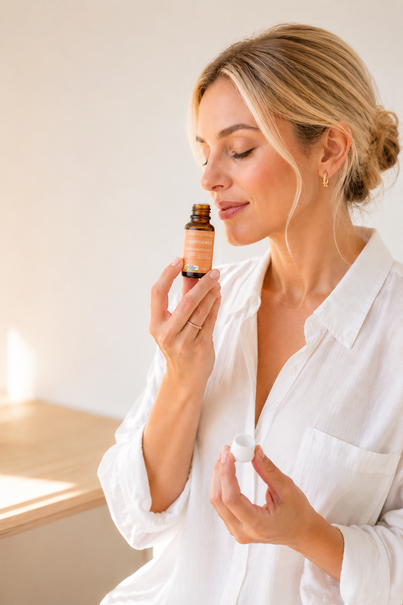 Woman holding a small bottle of essential oil in a softly lit room.