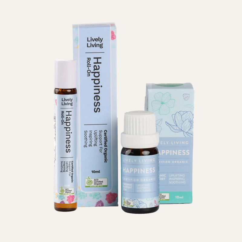 Happiness roll-on and Happiness essential oil 10ml with their boxes