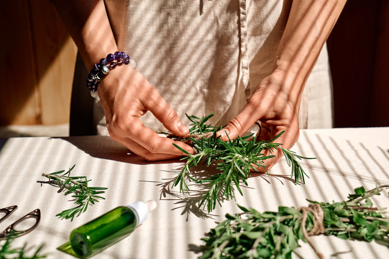 woman with rosemary plant