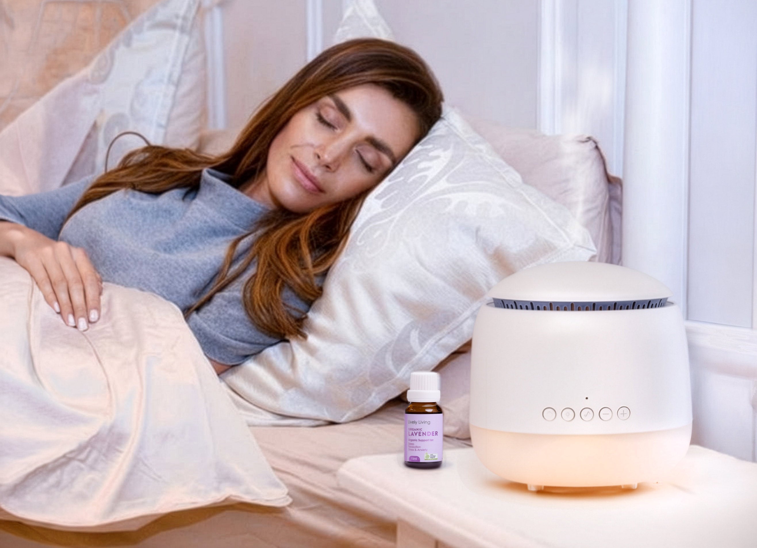 Woman sleeping beside the Aroma-Frequency Sound Diffuser