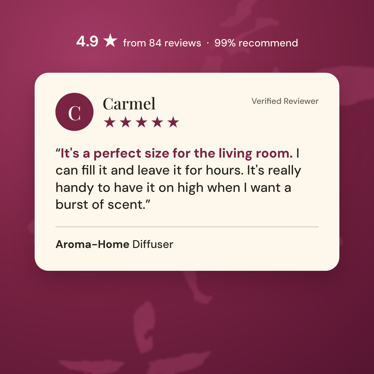 Five star customer review of the Aroma-Home diffuser
