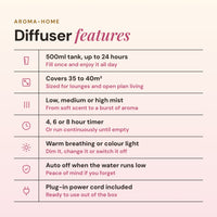 Aroma-Home diffuser features: 500ml tank, up to 24 hours, low, medium and high mist