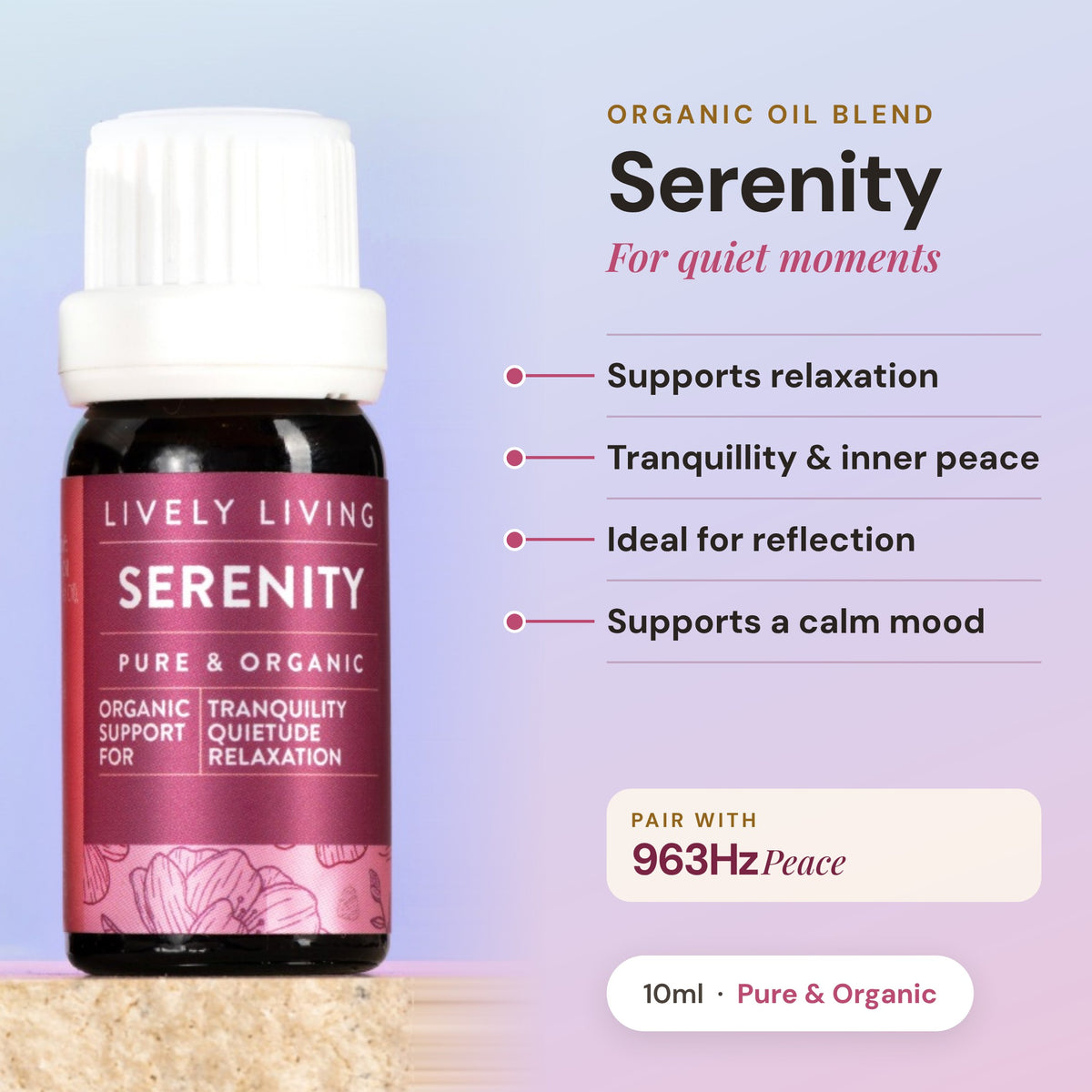Serenity certified organic essential oil blend 10ml, included in the Aroma-Frequency Calm Bundle