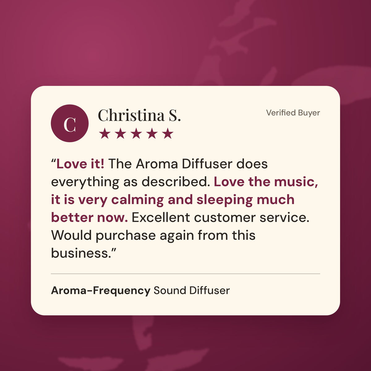 Verified customer review of the Aroma-Frequency Sound Diffuser