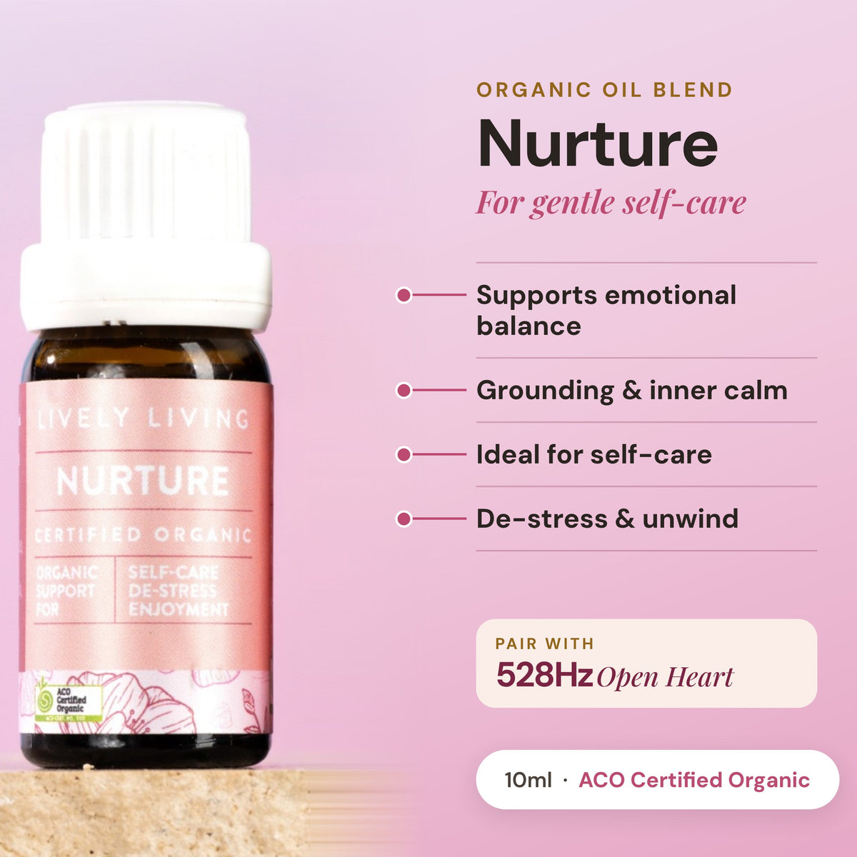 Nurture certified organic essential oil blend 10ml, included in the Aroma-Frequency Calm Bundle