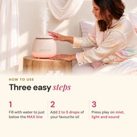 How to use the Aroma-Frequency Sound Diffuser: add water, 2 to 5 drops of essential oil and choose a frequency