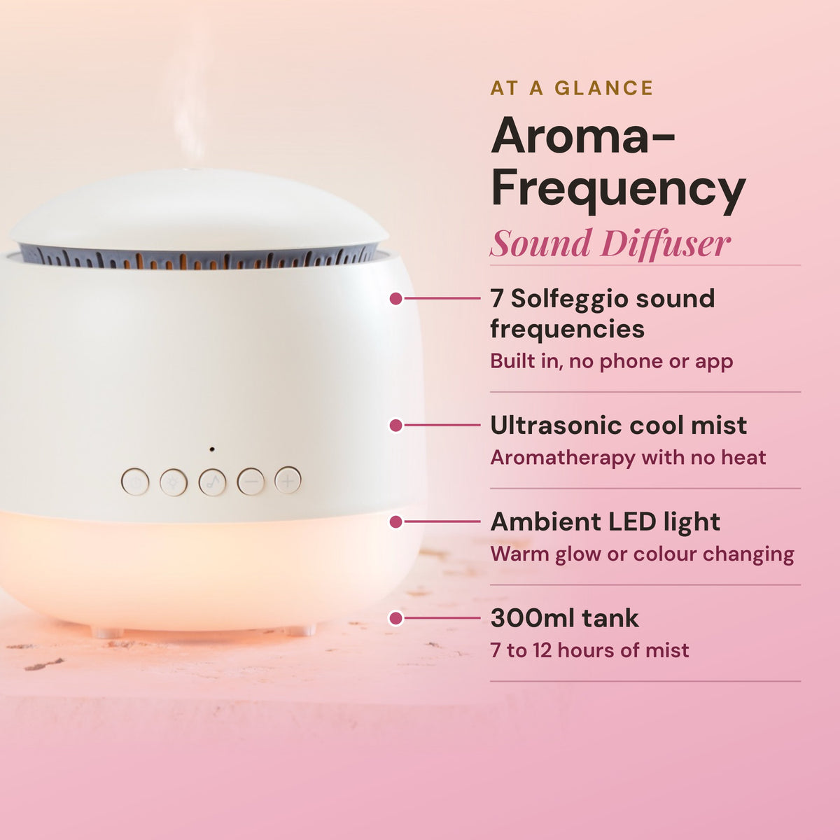 Aroma-Frequency Sound Diffuser at a glance: 7 Solfeggio frequencies, 300ml tank, cool mist and soft light