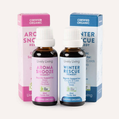 Two bottles of Lively Living remedies with their packaging on a white background