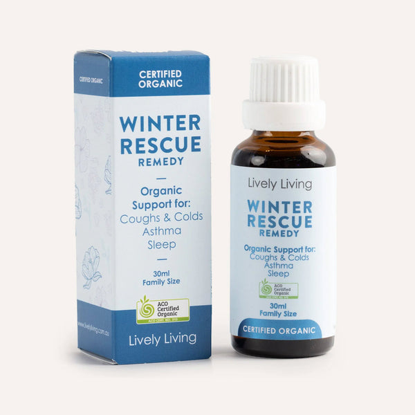 Lively Living Winter Rescue Remedy bottle and packaging on a white background