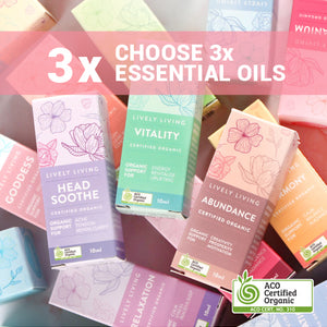 Lively Living certified organic essential oil boxes including Head Soothe, Vitality, Abundance, Goddess, Harmony and Relaxation, with a pink banner reading 3x Choose 3x Essential Oils and the ACO Certified Organic logo