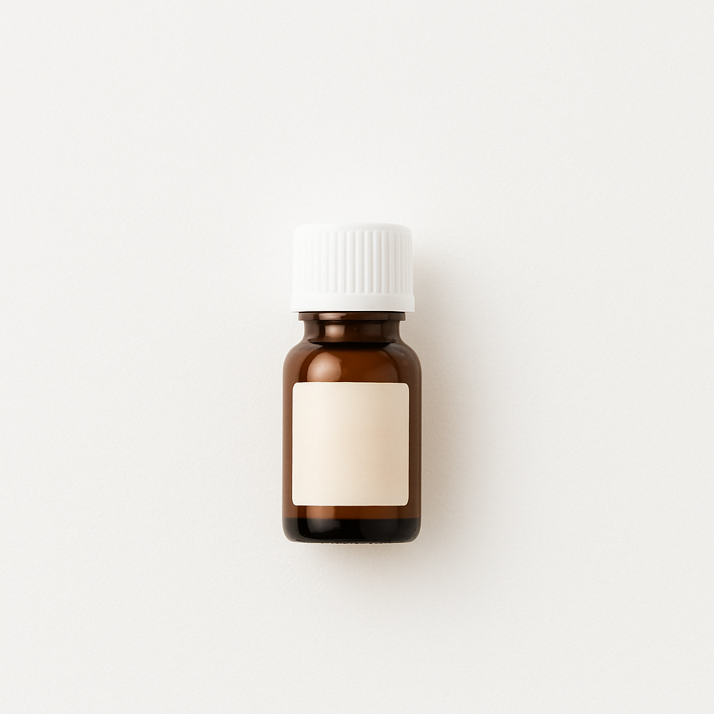 Brown glass bottle with a white cap on a light gray background