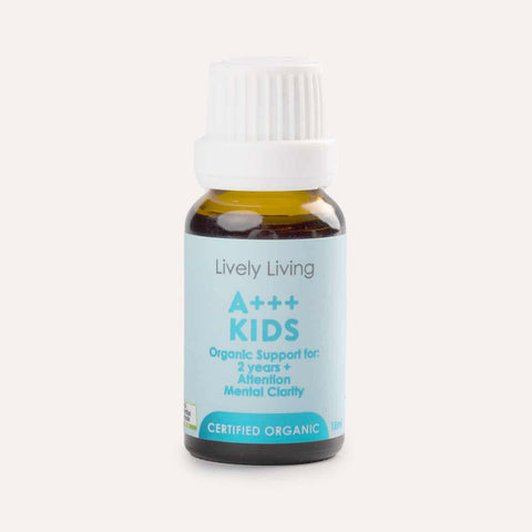 Bottle of Lively Living A+++ Kids supplement on a white background