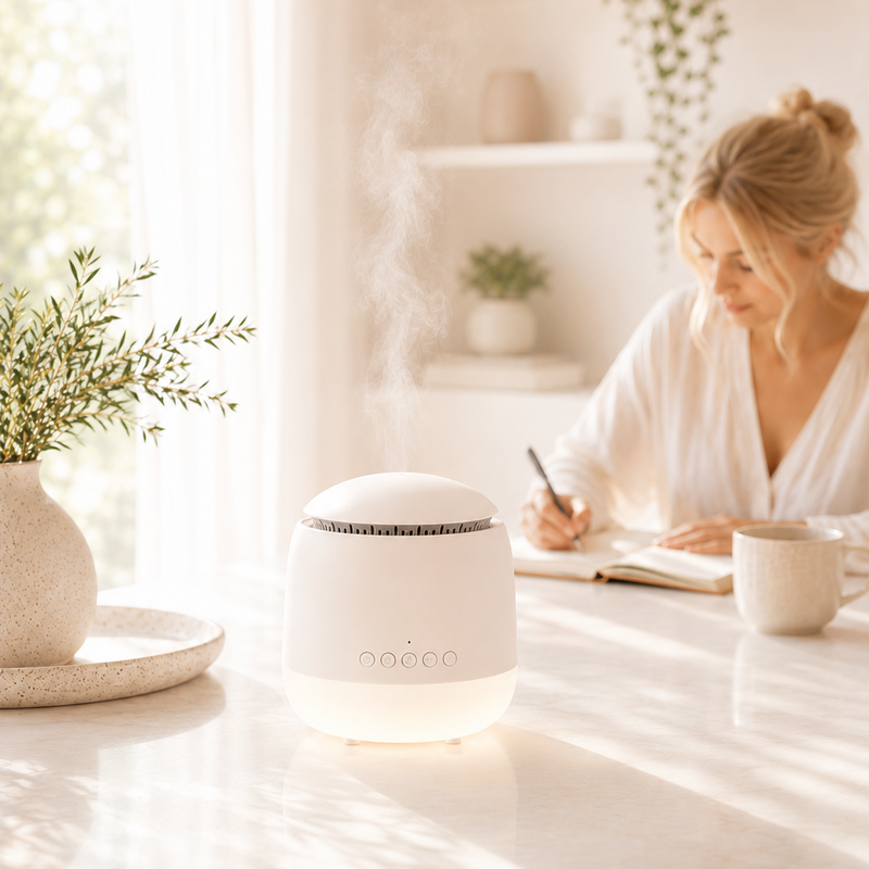 Woman in a white robe sitting at a table with a Nocoo device on a light surface.