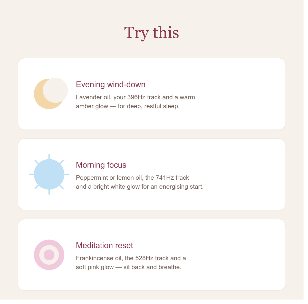Text-based interface with options for evening wind-down, morning focus, and meditation reset using different essential oils.