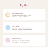 Text-based interface with options for evening wind-down, morning focus, and meditation reset using different essential oils.