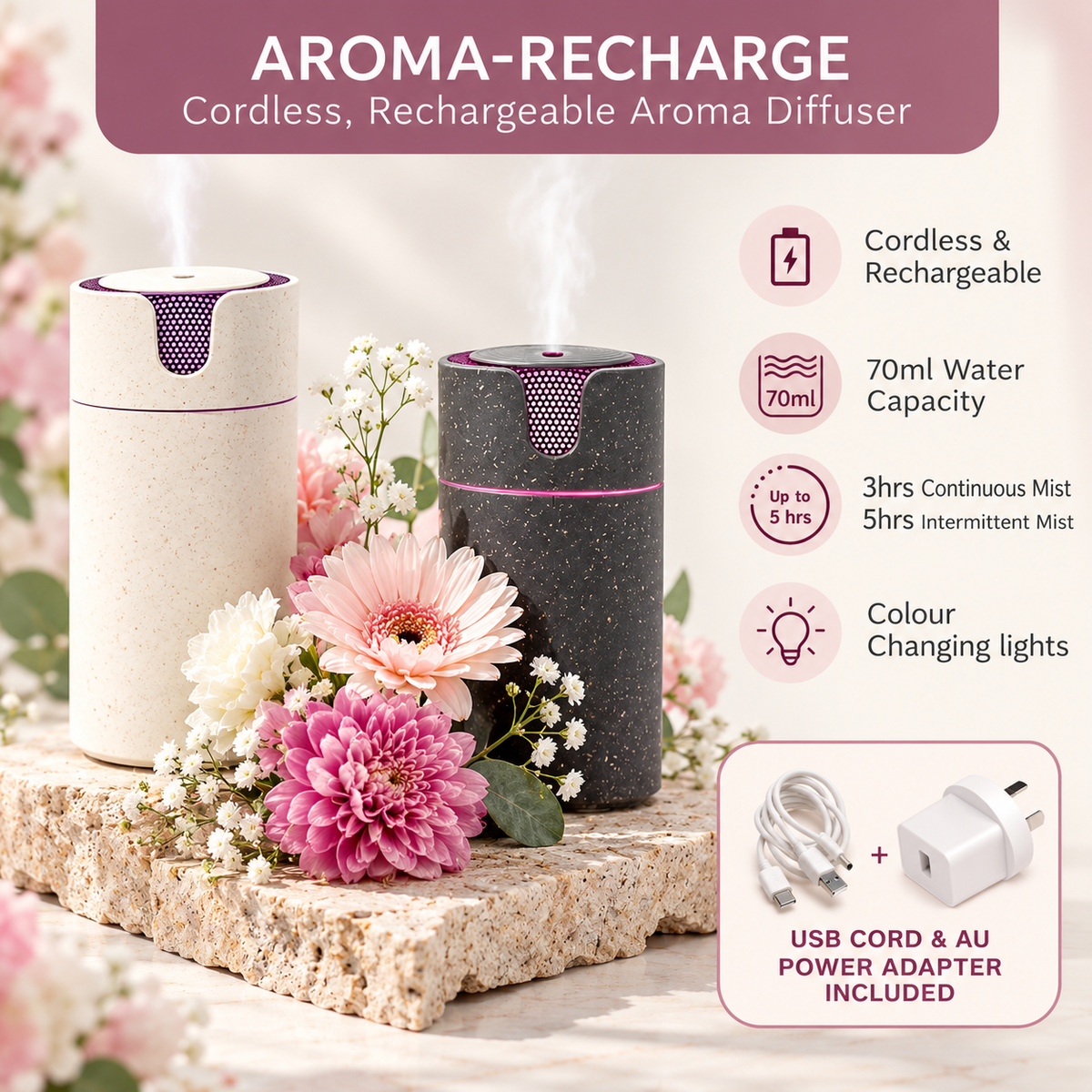 Aroma-Recharge Cordless Diffuser in cream and charcoal releasing mist among pink flowers, with icons for cordless and rechargeable, 70ml water capacity, up to 5 hours of mist and colour changing lights, plus USB cord and AU power adapter included