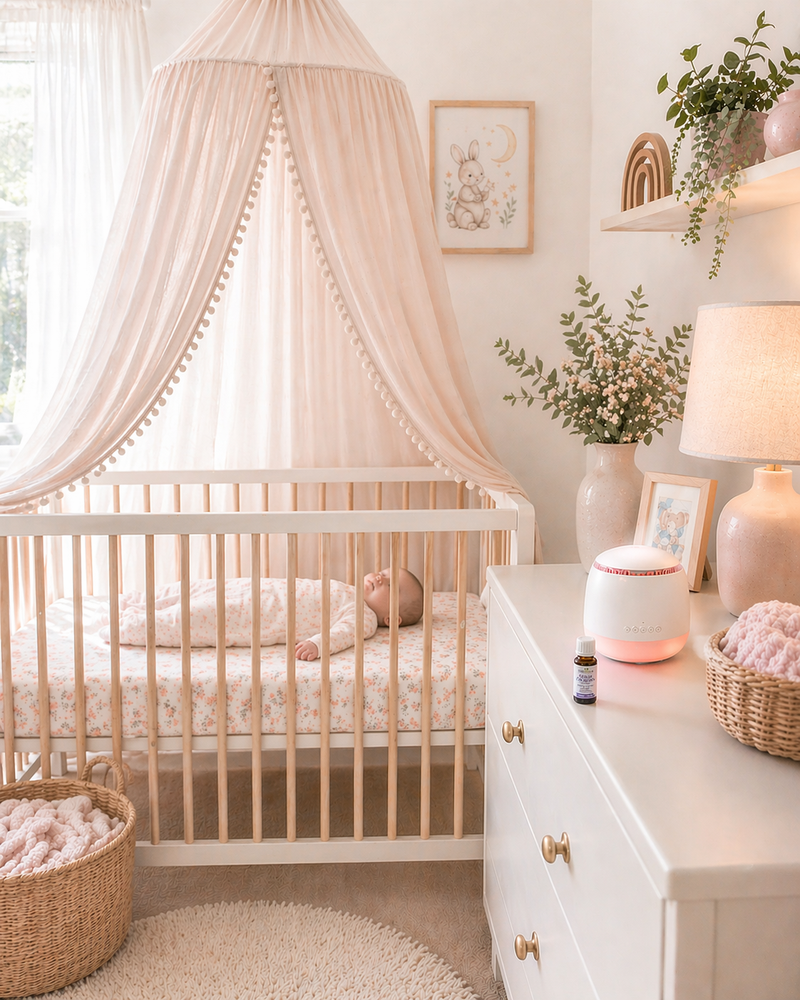Nursery room with a crib, dresser, and decorative elements.