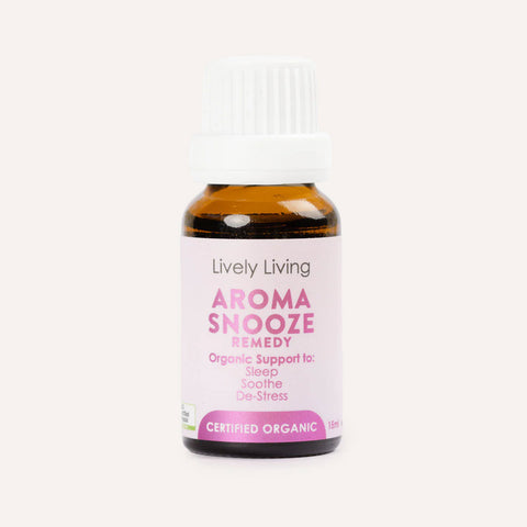 Bottle of Lively Living Aroma Snooze Remedy on a white background