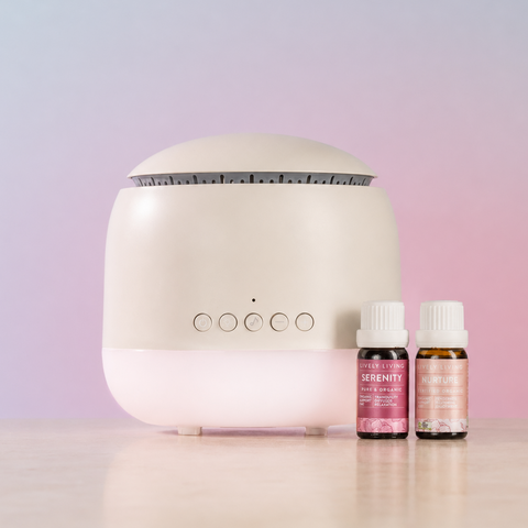 Stone coloured round diffuser and 2 oil bottles 