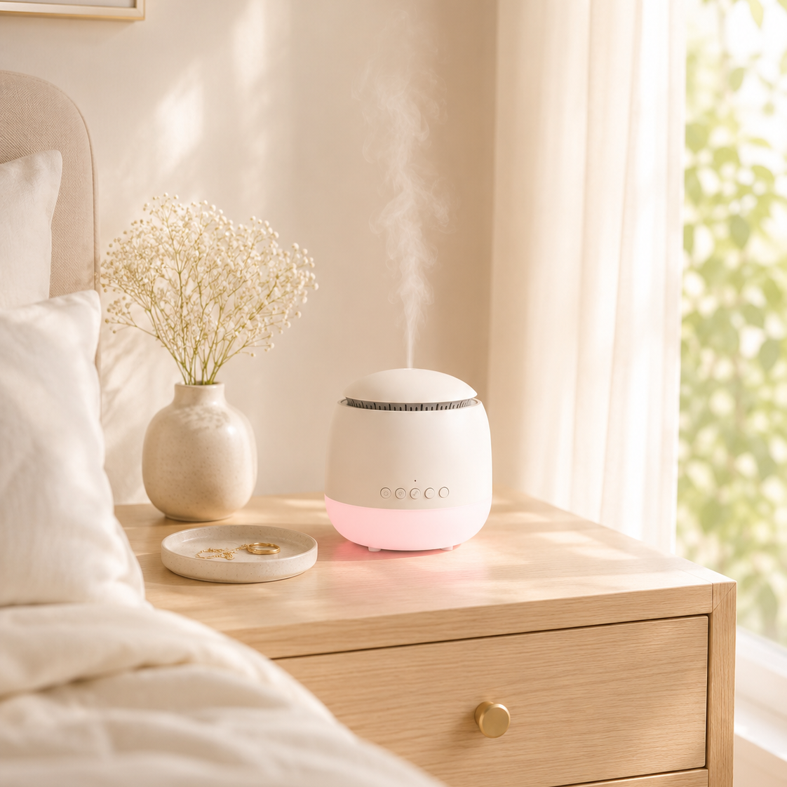 White diffuser on a wooden nightstand next to a vase with dried flowers, in a softly lit bedroom.