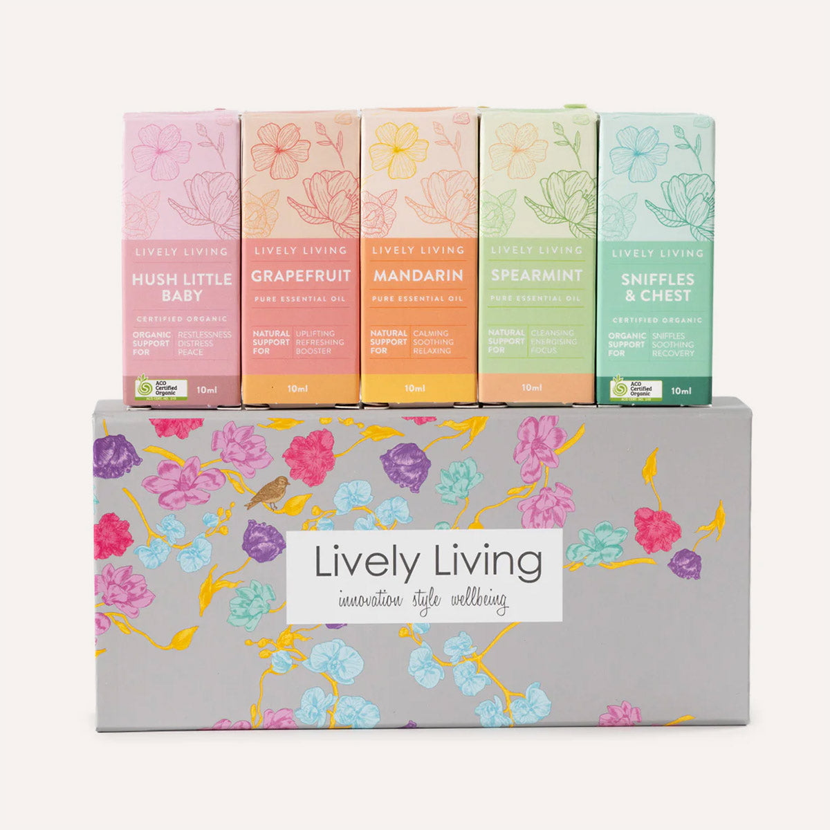Set of Lively Living skincare products with colorful packaging on a floral-patterned box.