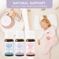 Three bottles of Lively Living remedies with a child sleeping in the background, labeled 'Natural Support for your child's health and wellbeing'.