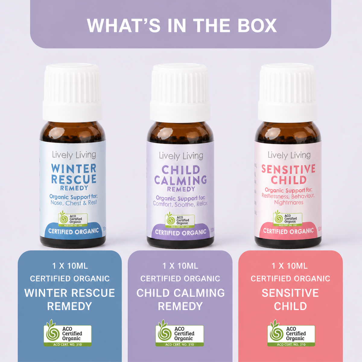 Three bottles of Lively Living remedies with labels on a light purple background