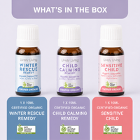 Three bottles of Lively Living remedies with labels on a light purple background