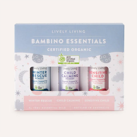 Lively Living Bambino Essentials set with three bottles in a box on a white background