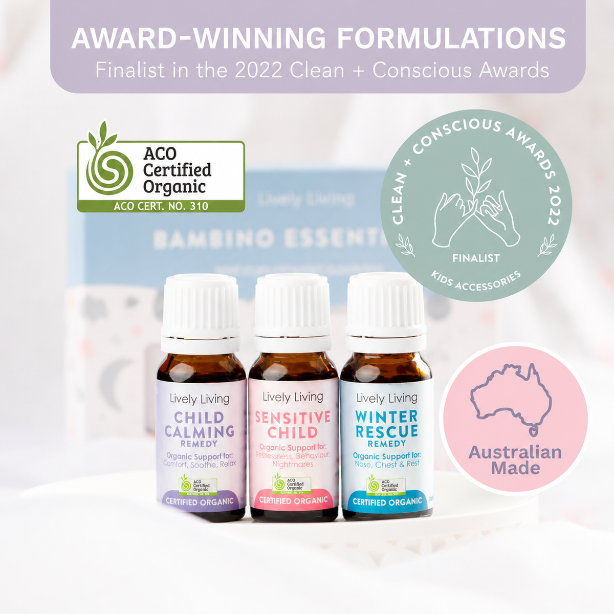 Three bottles of Lively Living remedies with certification logos and awards on 