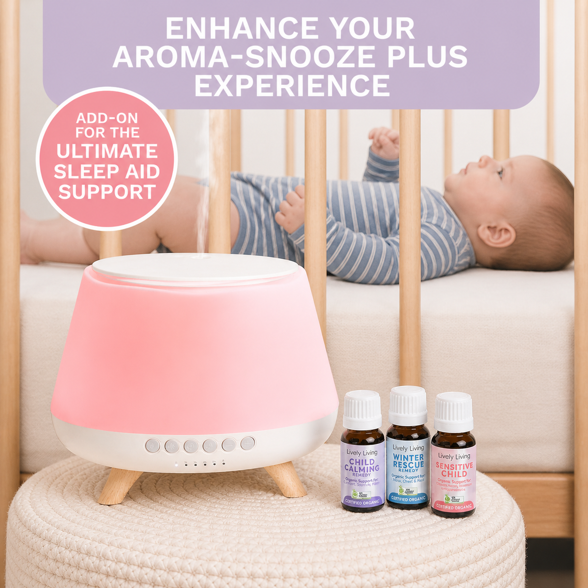 Baby lying in crib with pink aroma-snooze plus device and essential oil 