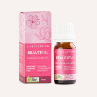 Lively Living 'Beautiful' certified organic product with pink packaging and bottle on a white background