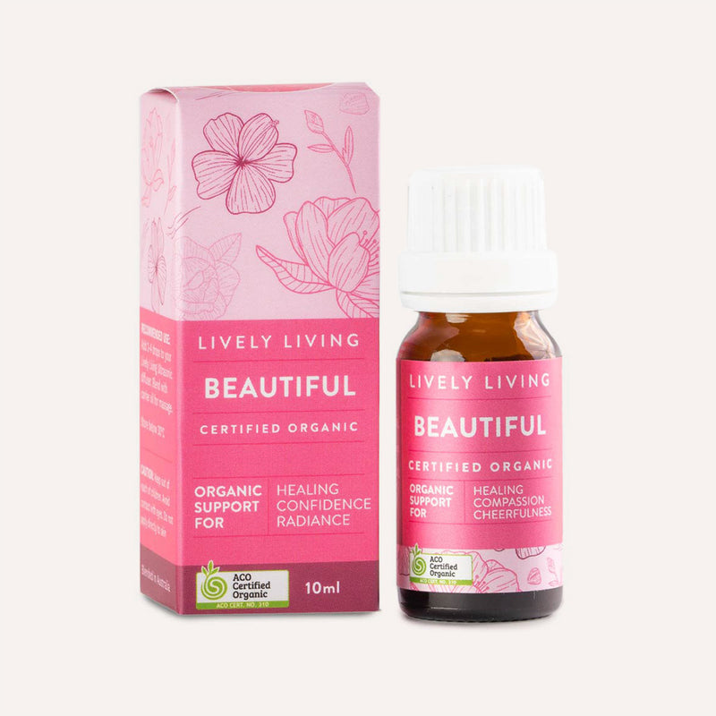 Lively Living 'Beautiful' certified organic product with pink packaging and bottle on a white background