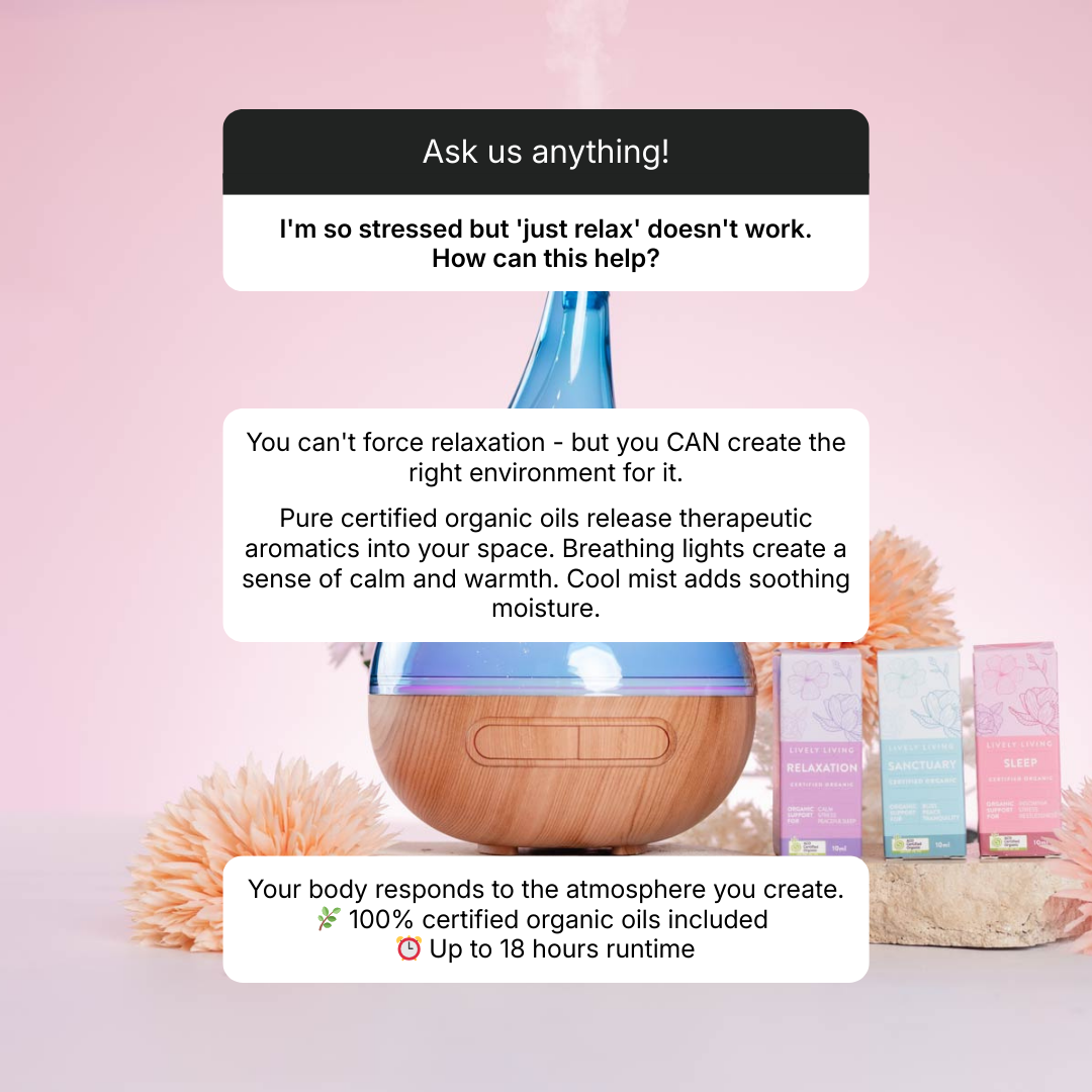 Aromatherapy diffuser with text on a pink background