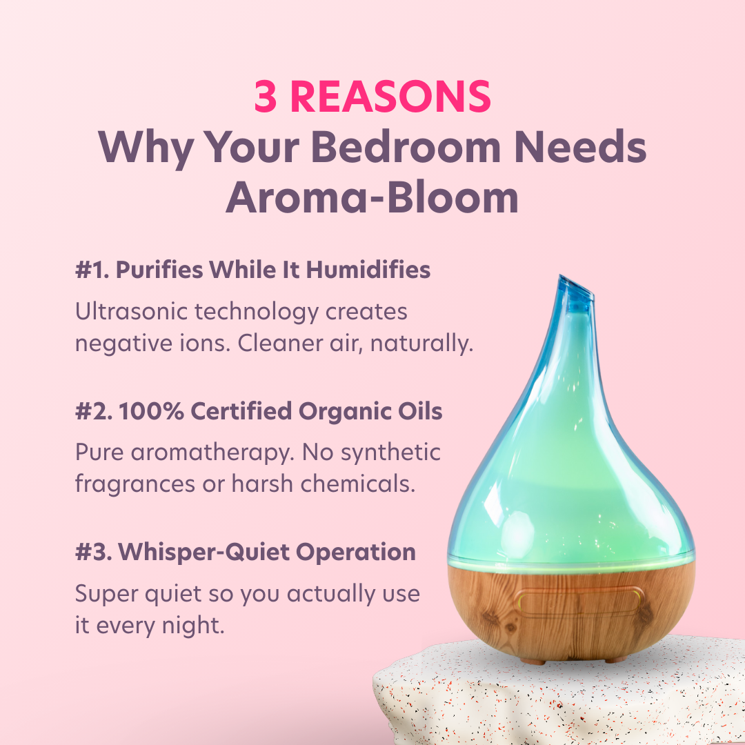 Aroma-Bloom diffuser with text on a pink background