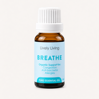 Lively Living Breathe pure essential oil blend in an amber bottle with a pale blue label, front view on a white background