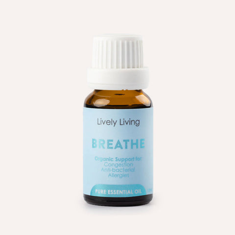 Bottle of Lively Living Breathe essential oil on a white background
