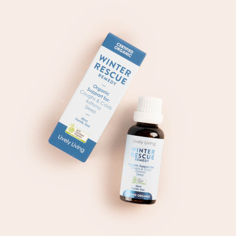 Lively Living Winter Rescue Remedy bottle and packaging on a light beige background