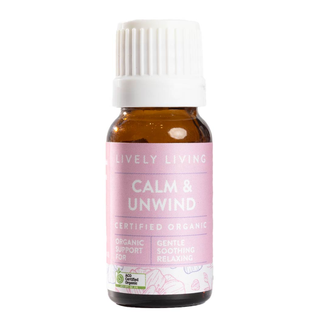 Bottle of Lively Living 'Calm & Unwind' organic essential oil on a white background