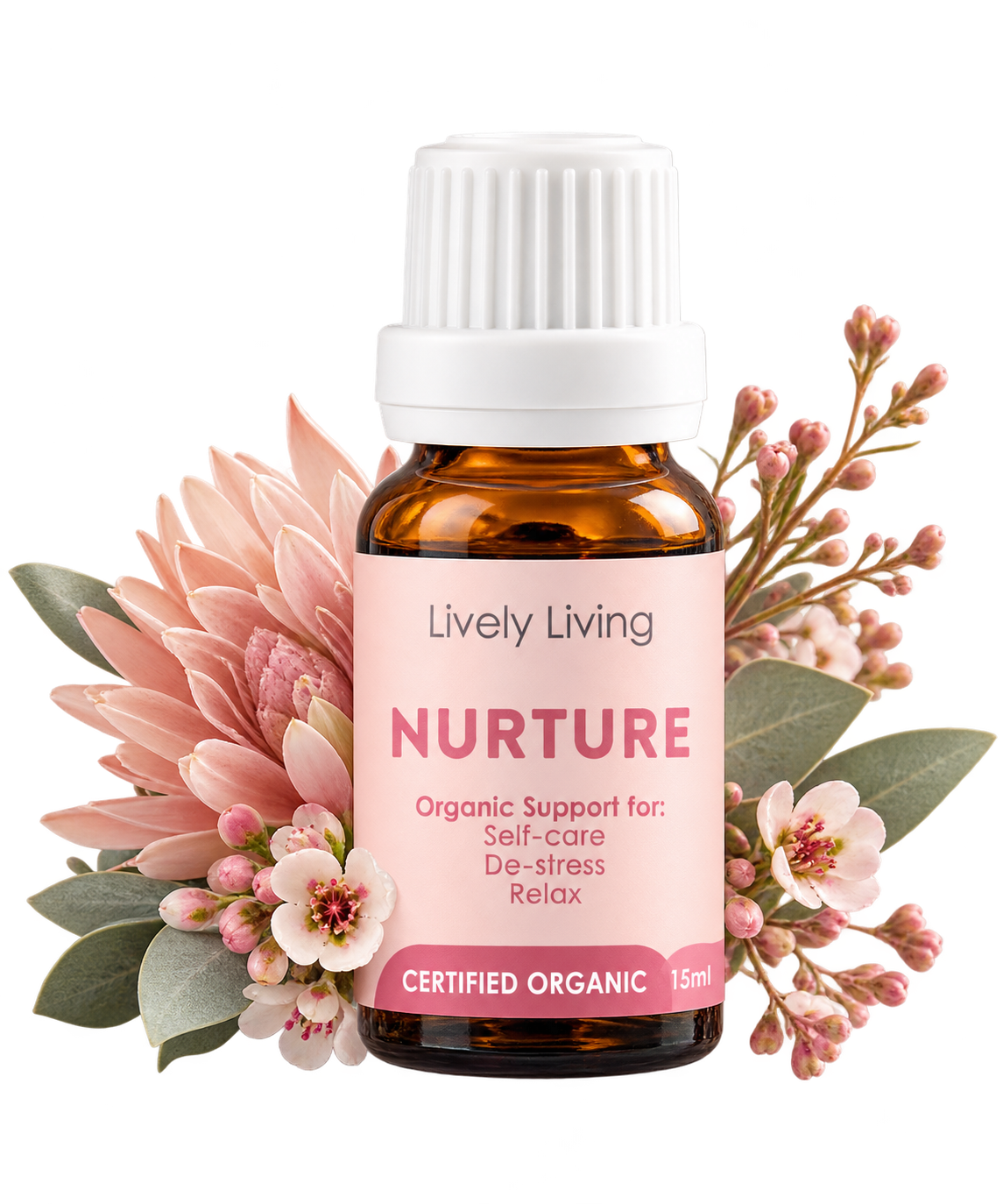 Lively Living Nurture certified organic essential oil 15ml bottle with a pink label, framed by a pink protea, wax flowers and gum leaves on a grey background